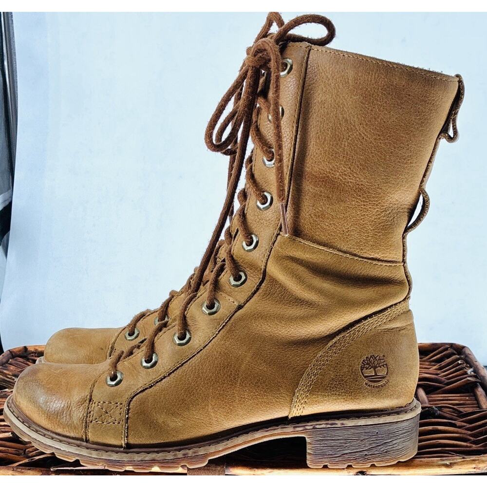 Vintage 2006 Timberland A128W Women 9 Waterproof Leather Tall Combat Boots Y2K - Picture 2 of 7